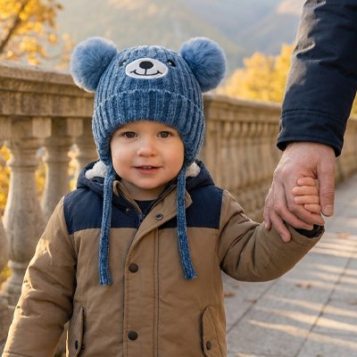 Enfant porte bonnet bebe se promene avec papa