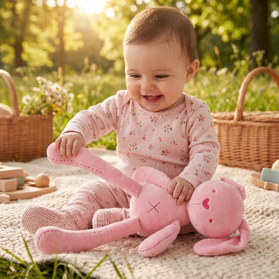 Fille joue avec Doudou lapin