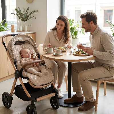 Maman papa bebe au restaurant accompagne de son doudou