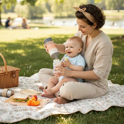 Maman, bébé profite du picnic avec Boites doseuses lait