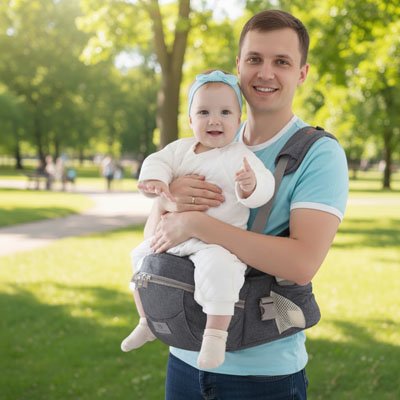 Porte bebe physiologique papa bebe au parc