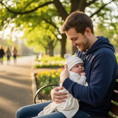 ENFANT DANS LES BRAS DE PAPA PORTANT BONNET BEBE