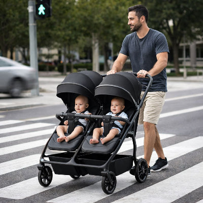 Bebes papa en promenade dans poussette double