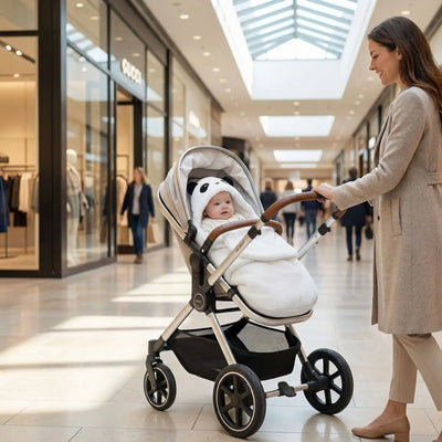 Maman au centre commerciel avec bébé dans nid d ange