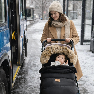 Maman utilise chanceliere bebe poussette contre le froid