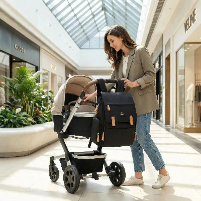 maman au centre commercial avec sac-à-dos-maternite