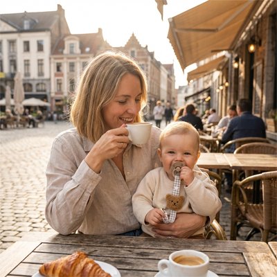 Bébé heureux avec attache tetine maman prend un café