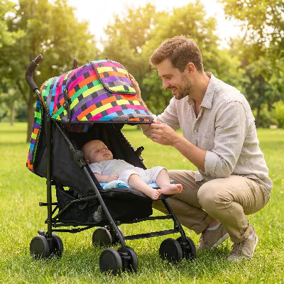 Papa protege bebe avec pare soleil poussette