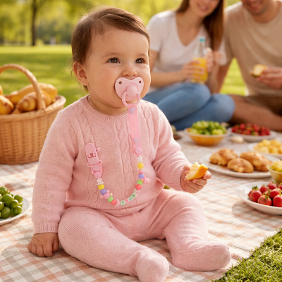 Attache tetine lors pique nique en famille au parc
