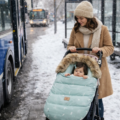 Attente bus sous la neige proteger par chanceliere poussette