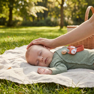 Au parc bebe dort utilisant attache tetine bebe