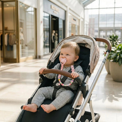 Bebe attache tetine au centre commerciale