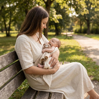 Bebe avec Doudou dans les bras de maman