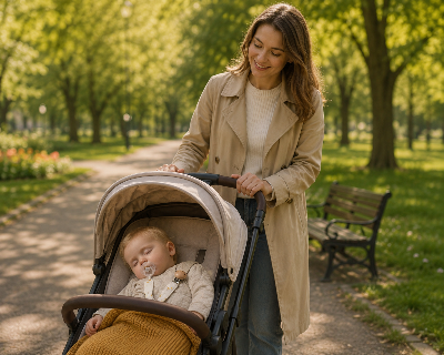 Bebe avec attache tetine en bois promenade tranquille
