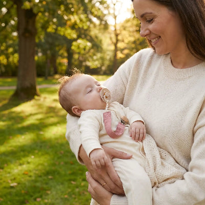 Bebe avec attaches tetines au parc avec maman