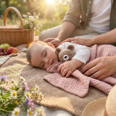 Bebe avec son doudou dort en pique nique