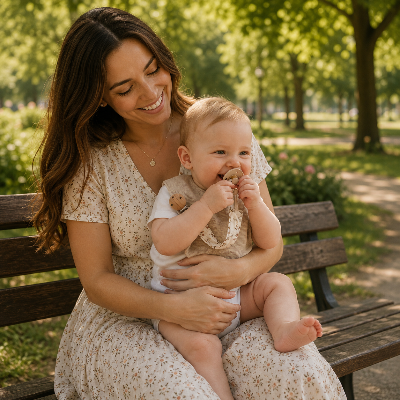Bebe confiant avec son attache tetine en bois