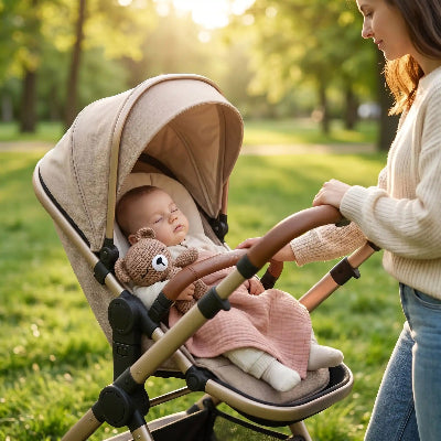 Bebe dans poussette accompagne de son doudou