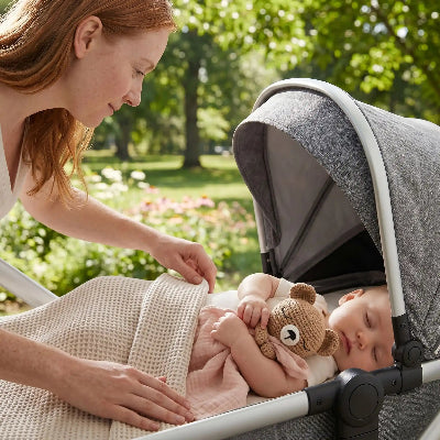 Bebe dans poussette avec son doudou