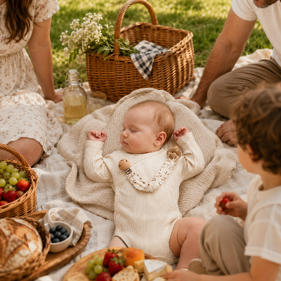 Bebe dort avec tetine enbois en pique nique