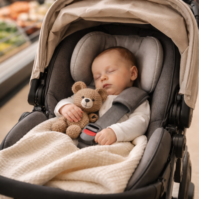 Bebe endormi dansune poussette avec doudou bebe