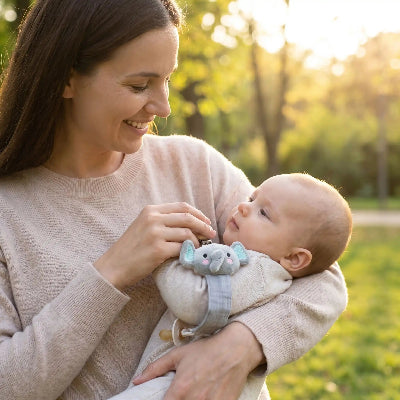 Bebe heureux avec Doudou attache tetine