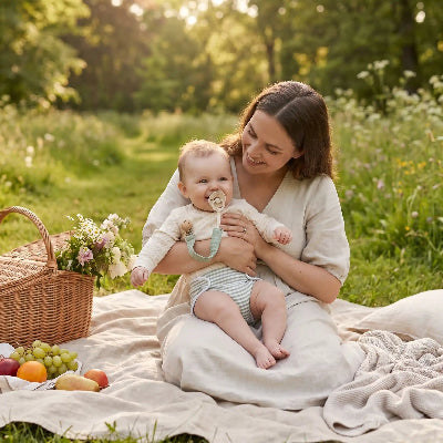 Bebe maman en pique-à nique avec attaches tetines