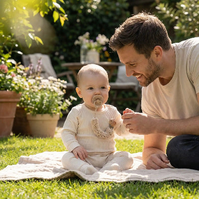 Bebe papa jouent attache tetine a son bebe