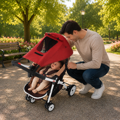 Bebe protege par pare soleil pour poussette au parc