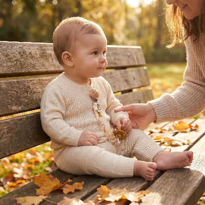 Bebe sur un banc portant attache tetine en bois