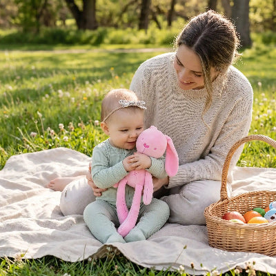 Doudou lapin bebe maman en pique nique