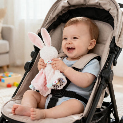 Doudou lapin rose bebe dans la poussette