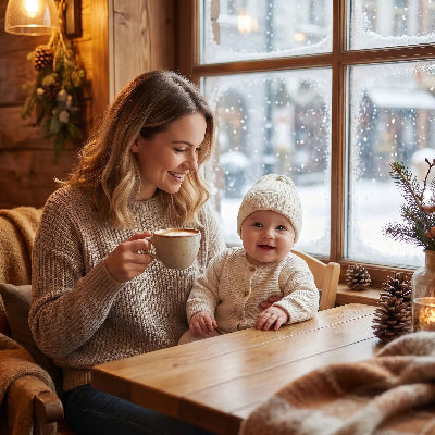 Enfant porte bonnet bebe maman prend un cafe