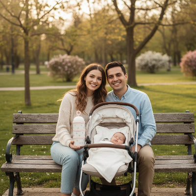 Famille heureuse assise avec boite doseuse de lait