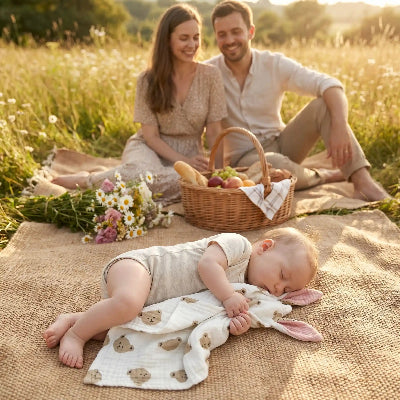 Famille heureuse en pique nique avec Doudou ours