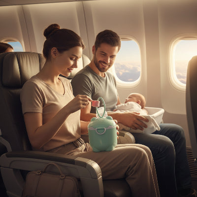 Famille voyage avec boite doseuse de lait