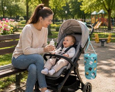 Journee ensoleillee au parc avec porte biberon isotherme bebe