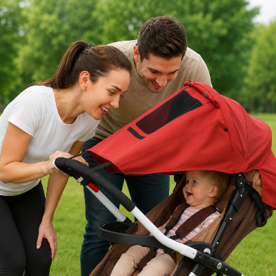 Journee familiale au parc avec pare soleil pour poussette