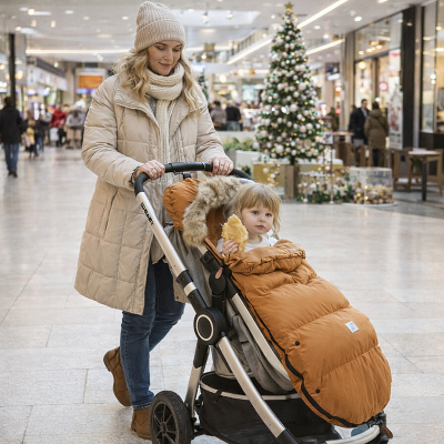 Maman au centre commercial hivernal utilise chanceliere pour poussette