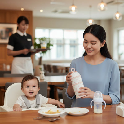 Maman avec bebe au restaurant avec boite doseuse lait