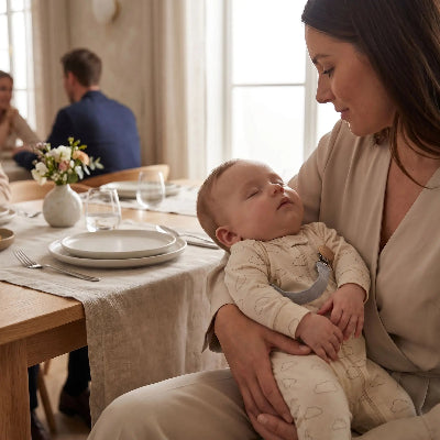 Maman bebe au restaurant avec attaches tetines