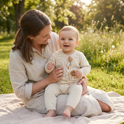 Maman bebe moment serein avec attache tetine en bois