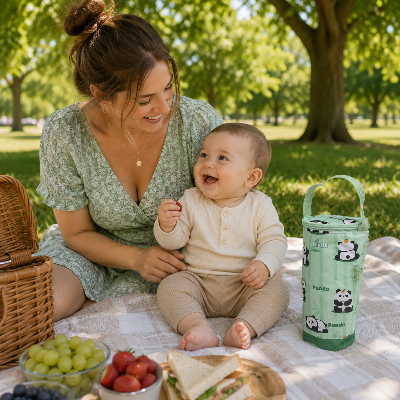 Maman bebe sous les arbres avec porte biberon main libre