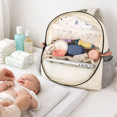 Maman change bebe acompagner de sac a dos maternite