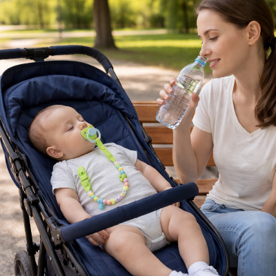 Maman et bebe attache tetine au parc