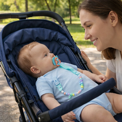 Maman et bebe attache tetine sous le soleil