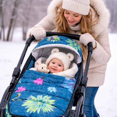Maman et bebe dans la neige chanceliere poussette joie