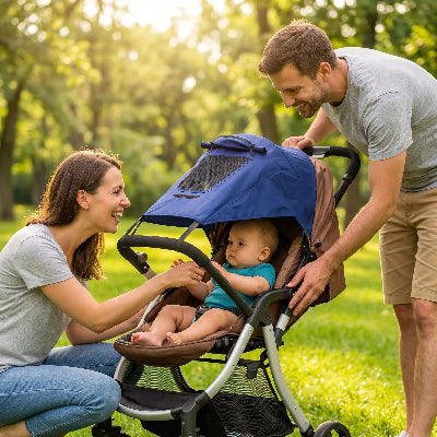 Maman papa a cote pare soleil poussette pour bebe
