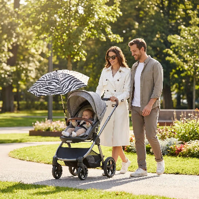 Maman papa acompagnent bebe avec ombrelle poussette
