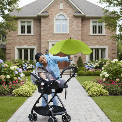 Maman-prepare-ombrelle-pour-poussette universelle pour protege bébé